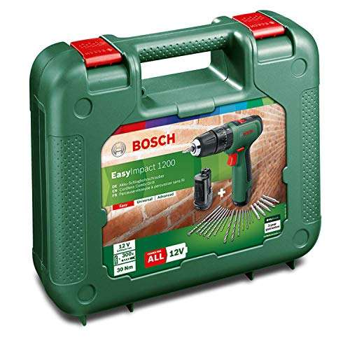 Bosch Trapano battente-avvitatore a batteria EasyImpact 1200 - [2 batterie, sistema a 12 volt, 19 accessori, in valigetta]