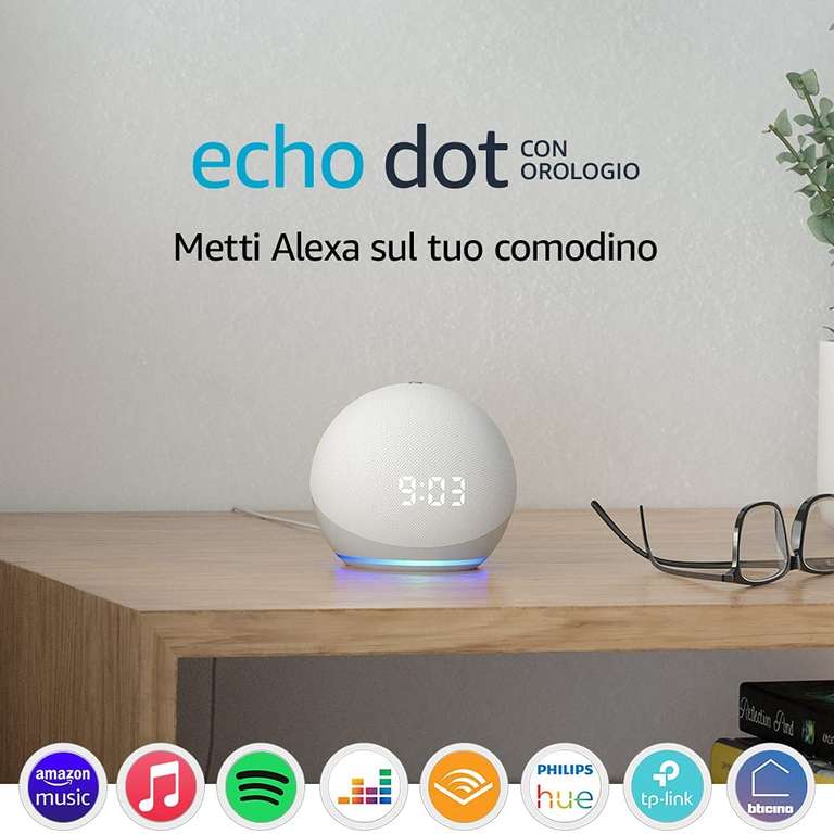 Echo Dot (4ª generazione) - Altoparlante intelligente con orologio e Alexa - Bianco