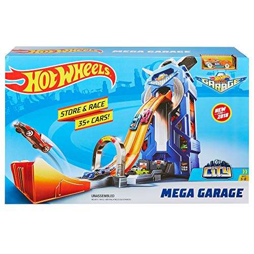 Hot Wheels Mega Garage con pista a 2 corsie [Può contenere 35 macchinine]
