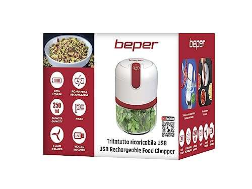 Tritatutto Ricaricabile USB Beper | Mini Robot da Cucina 250 ml Rosso/Bianco