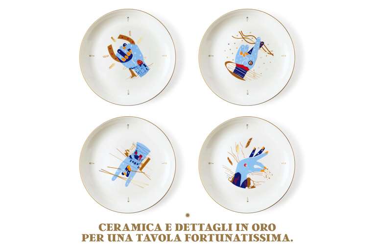 Voiello Scaramantica Gift Box 2023: Pasta Il Gran Spaghetto 2x500g, 4 Piatti Ceramica, Runner Tavola
