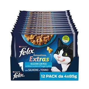 Purina Felix Sensations Extras | Cibo Umido per Gatti (48 buste da 85 g, salmone e formaggio, tonno e formaggio)