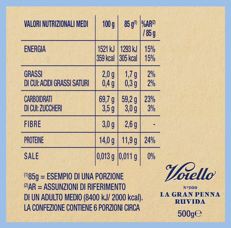 Pasta Gran Penna Ruvida Voiello N.200 | 100% Semola Grano Aureo Italiano (500 g)