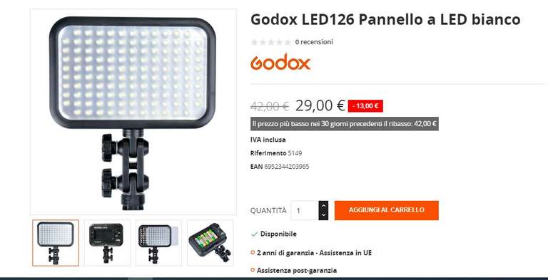 Godox LED126 Pannello a LED bianco + racolta punti Godox da utilizzare sui prossimi acquisti