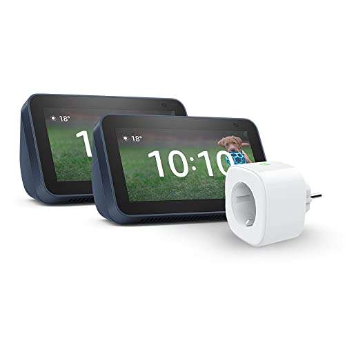 Kit Casa Intelligente: 2 dispositivi Echo Show 5 - [2ª generazione, modello 2021, Blu + Meross presa intelligente]