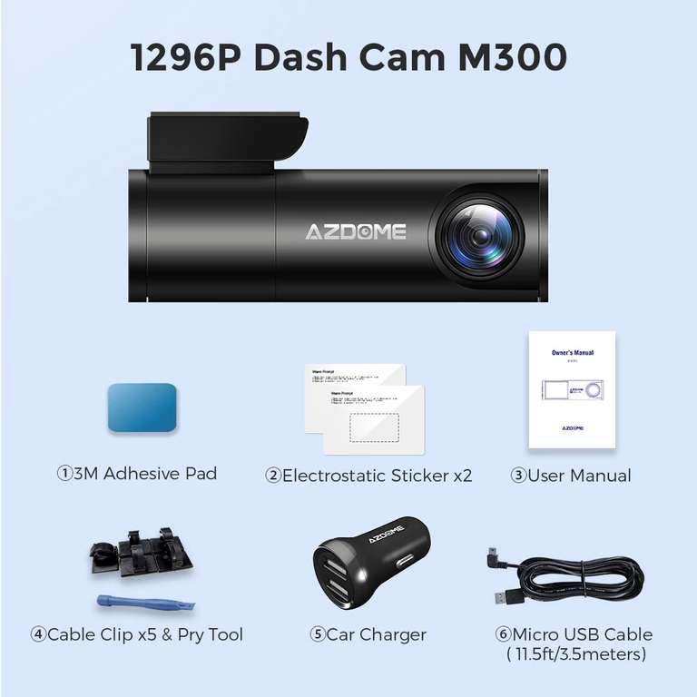 Dash Cam AZDOME M300 Car DVR 1296P WiFi- [con controllo vocale, visione notturna G-Sensor 24H]