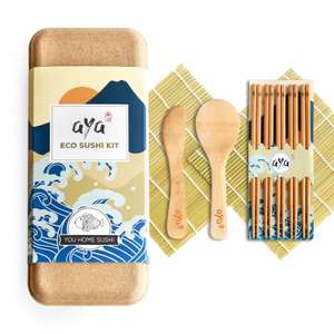 Kit per Sushi AYA Eco | Bambù Biodegradabile | 2 Tappetini, 5 Paia Bacchette, 1 Spatola, 1 Cucchiaio