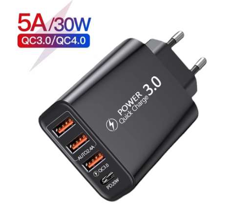 Caricabatteria Fast Charge [5A, 30W, 3 USB + PD 20W]