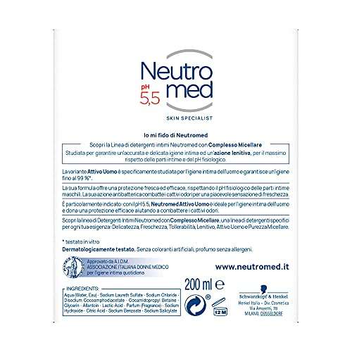 Neutromed Detergente Intimo Attivo per Uomo [pH 5.5, 12 Pezzi x 200 ml]
