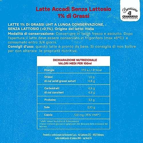 Granarolo Latte UHT Accadì da 1L | Confezione da 6, Senza Lattosio, 1% Grassi, Ricco di Calcio
