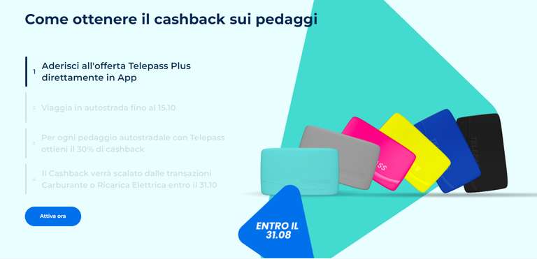 Telepass 1 Anno di canone zero + 30% di cashback per ogni pedaggio