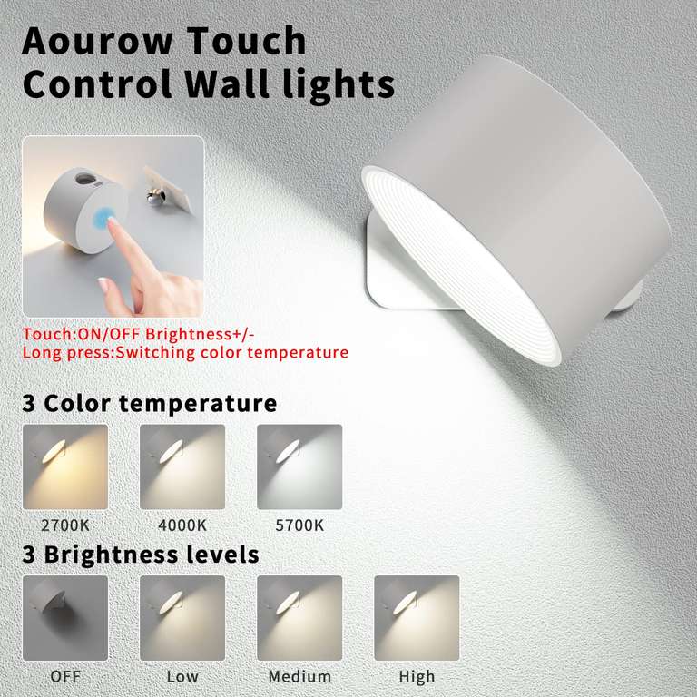 Aourow Lampade da Muro,3 Luminosità Applique a Batteria con