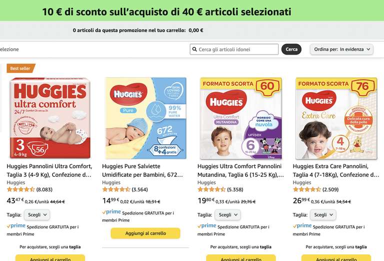 Amazon promozione 10 € di sconto sull’acquisto di 40 € articoli selezionati