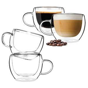 Set di 4 tazze - Bicchieri da caffè in vetro a doppia parete, con manico (bicchieri da 150 ml)
