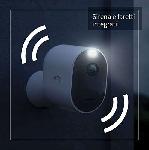 Arlo Pro4 Spotlight, 4 Telecamere di videosorveglianza wi-fi 2K HDR, con faro e allarme, Sensori movimento, Visione notturna a colori