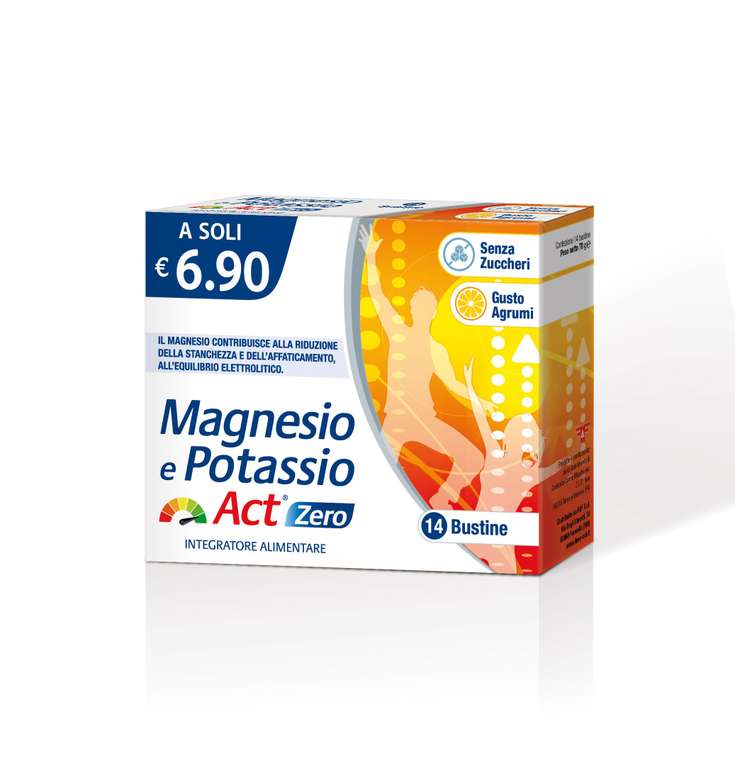 Magnesio Potassio Act Zero, Integratore Alimentare al Gusto Agrumi [2 scatole 28 bustine]