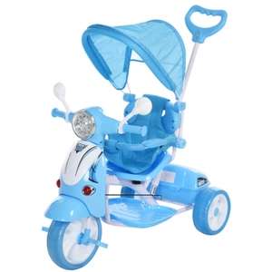 Homcom Triciclo Passeggino Azzurro - Forma di Moto per Bambini 18-72 mesi (tettuccio rimovibile)