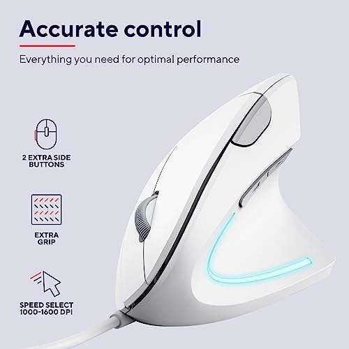 Trust Verto Mouse Verticale Cablato | Ergonomico, 1000/1600 DPI, LED, 6 pulsanti - Bianco
