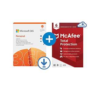 Microsoft 365 Personal, 1 abbonamento annuale, 12+3 Mesi, PC/Mac + McAfee Total Protection 2022, 6 Dispositivi, 1 Anno, PC/Mac