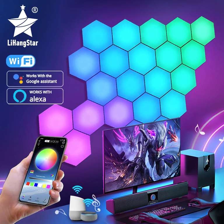 Kit da 10 luci Hexagon RGB Smart [WIFI, telecomando, app Alexa & Google]