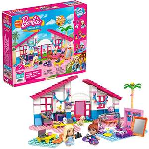 Mega Construx- Barbie La Casa di Malibu, Set con 2 Micro Bambole Barbie, 1 Cucciolo, 2 Uccellini, 303 Mattonicini da Costruzione e Accessori