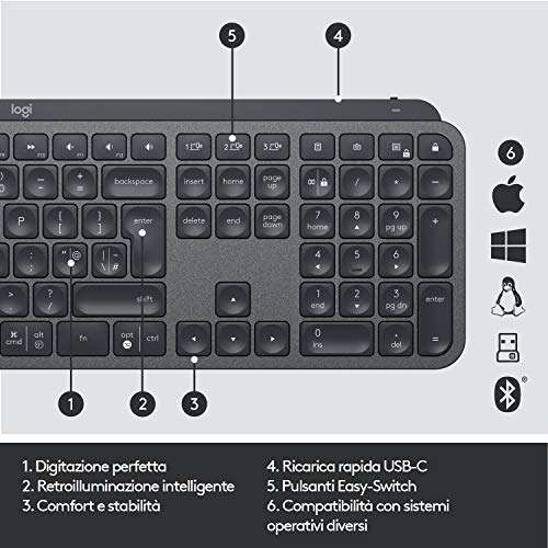 Logitech - Tastiera MX Keys wireless [Switch fino a 3 dispositivi]