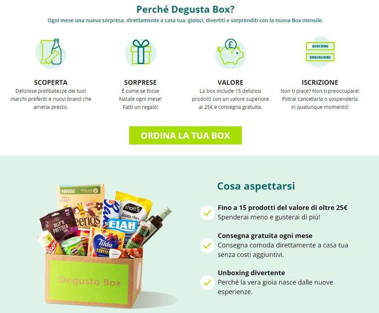 Degusta Box ricevi la tua prima Box a soli 9.9€ e con il codice Esclusivo ottieni 2 prodotti extra [Valido solo per i nuovi iscritti]