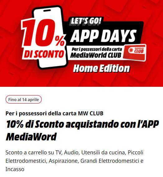 MediaWorld - 10% di sconto sull'APP (Carta MediaWorld CLUB)