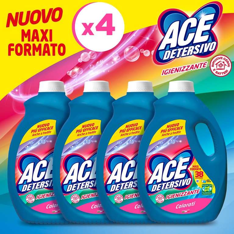 ACE Detersivo Igienizzante Colorati, Cartone da 4 Flaconi x 38 Lavaggi [152 Lavaggi]