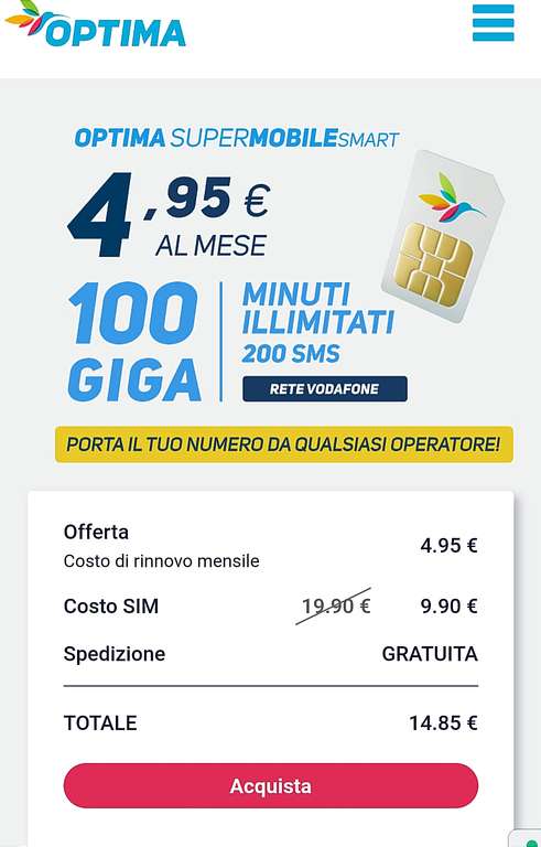 Optima mobile 4.95€ 100GB (rete Vodafone + VoLTE)