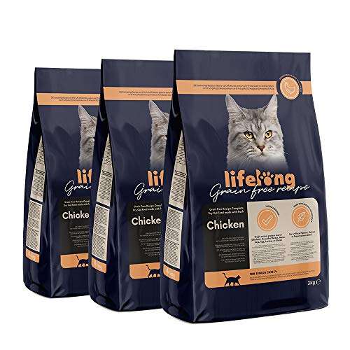 Alimento secco per gatti adulti con pollo fresco, ricetta senza grano [3 kg x 3]