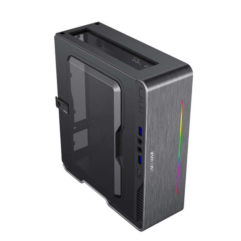 GameMax - Case PC Mini ITX Violin [Alluminio spazzolato, striscia LED Rainbow, alimentatore APFC da 180 W 80+ ]