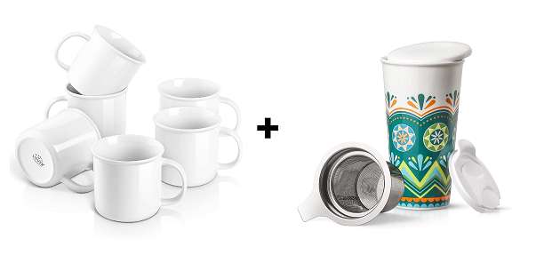 Lifver - Set di 6 tazze da caffè in porcellana per caffè, tè + Tazza da viaggio con filtro da 500Ml