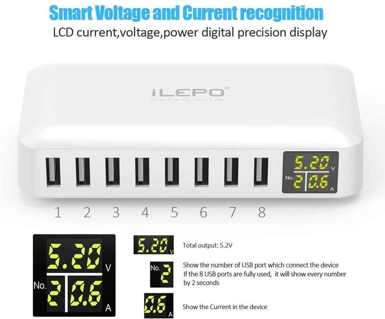 iLepo USB Charging Station 8-Port 50W Max 8A