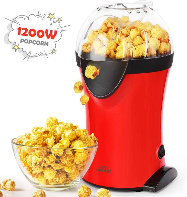 SIMBR Macchina Popcorn, ad Aria Calda Macchina per Popocorn Compatta Automatica, Senza Olio e Grassi, 1200W(rosso)