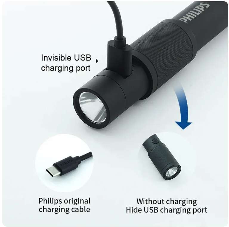 Torcia Portatile Philips 2185: Power Bank 2200mAh, 4 Modalità, Ricaricabile USB (nero)