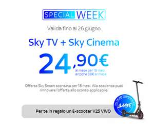Sky TV + Sky Cinema a 24.9€ x 18 mesi in regalo E-scooter V25 Vivo