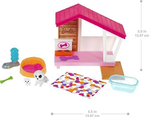 Set da gioco Barbie con 2 mini cuccioli, casetta per cani e accessori (bambola non inclusa)
