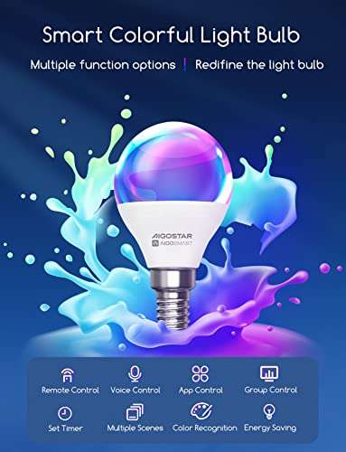 Aigostar lampadine Wifi G45 E14 6.5W, Lampadina Smart RGBCW Compatibile con Alexa/Google Home