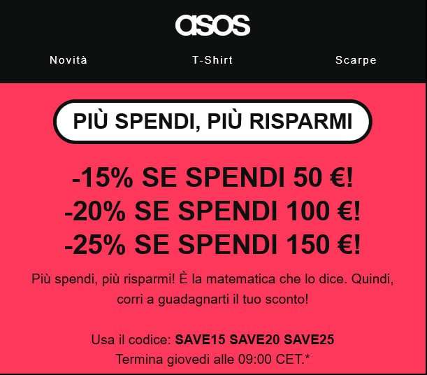 ASOS -25% su 150€ , -20% su 100€ , -15% su 50€ di spesa!