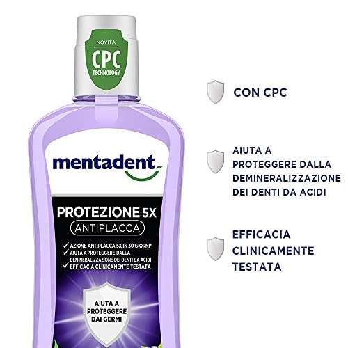 Collutorio Mentadent protezione 5x anti placca con CPC antibatterico, 6 pezzi da 400 ml