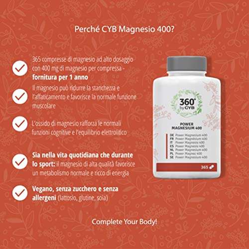 CYB 360 Power Magnesium - 400 mg di Magnesio Puro ad Alto Dosaggio 365 Compresse