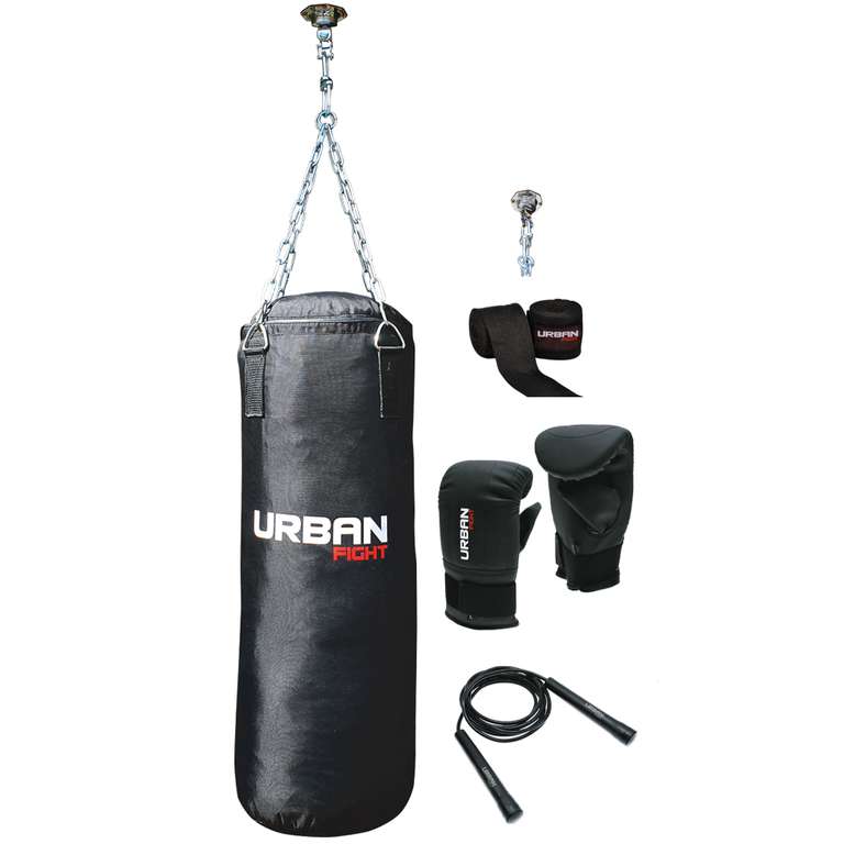 Urban Fight Sacco da boxe Set completo [5 pezzi, sacco, guanti da sacco, corda, sospensione, bende]