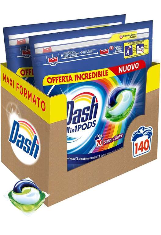 Offerta del giorno: Dash Pods All in 1 Detersivo Lavatrice in Capsule, 140 Lavaggi (2 x 70), Salva Colore,  Maxi Formato