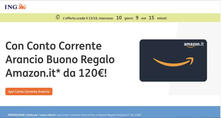 Buono regalo Amazon.it da 120€ con Conto Corrente Arancio
