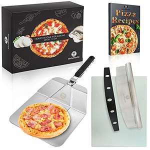Pietra refrattaria per Pizza da Forno(38x30x1.5) Resistente Fino ai 900°+Pala per Pizza in Alluminio+Taglia Pizza Lama Lunga+ricettario