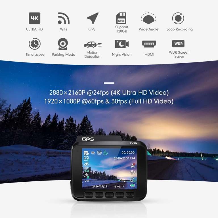 AZDOME GS63H Dash Cam Dual Lens 4K UHD - [ WDR, GPS integrato, wi-fi, G-Sensor Motion Detection]