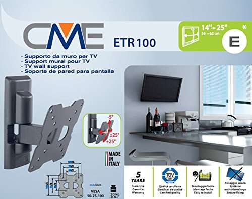 Meliconi CME ETR 100 - Supporto TV, Inclinabile, per Tv 14 - 25" [36 - 63 cm, Vesa 50 - 75 - 100 mm]