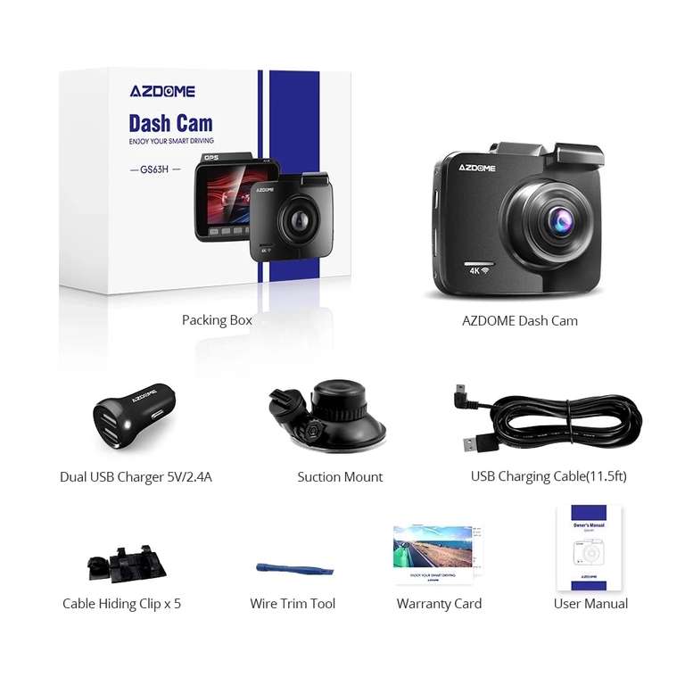 AZDOME GS63H Dash Cam Dual Lens 4K UHD - [ WDR, GPS integrato, wi-fi, G-Sensor Motion Detection]