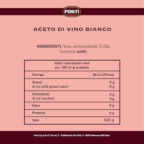 Aceto di Vino Bianco Classico Ponti | Ideale per Verdure | 12 bottiglie da 1 L (Prenotabile)